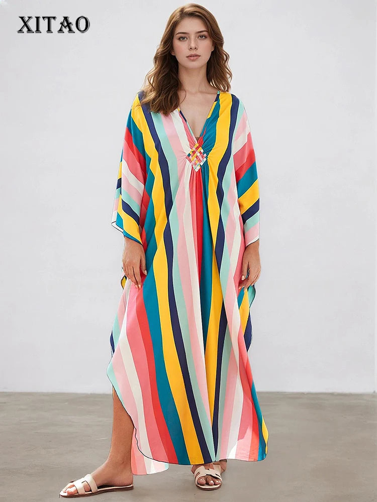 XITAO Contrast Color Striped A-line Dress Pullover Print V-neck Fashion Bat Wing Sleeve Summer Woman Ankle-length Dress GJ1177