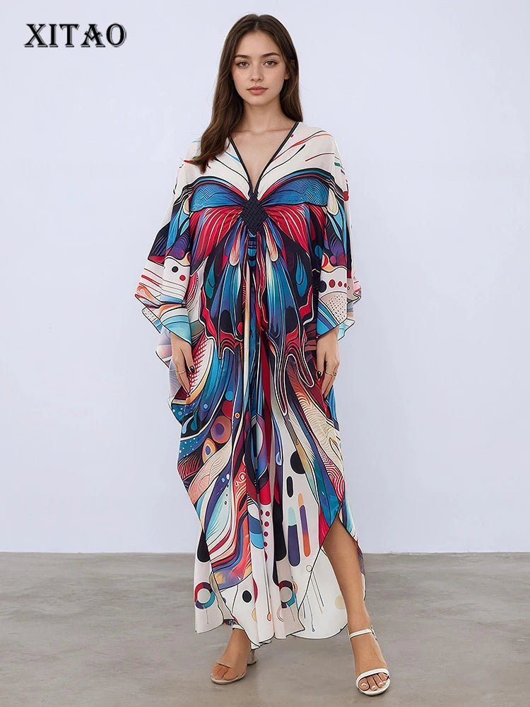 XITAO Butterfly Print V-neck Dress Bat Wing Sleeve Pullovers Side Slit Casual Vintage Ankle-length Summer Woman Dress GJ1168
