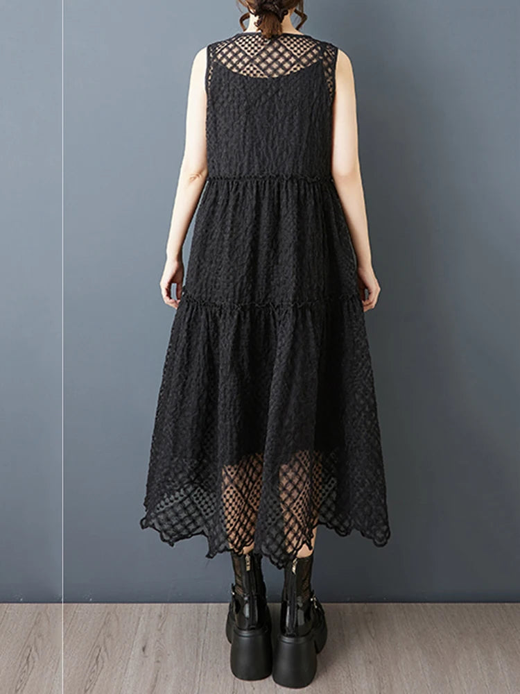 XITAO Lace Drawstring Hollow Out Dress Patchwork Solid Color Loose Sleeveless O-neck Casual Slimming Summer Woman Dress ZMY1312