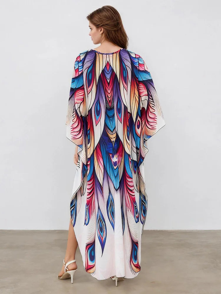 XITAO Bat Wing Sleeve Loose V-neck Dress Peacock Print Pullover Contrast Color Vintage Slimming Summer Woman Dress GJ1156