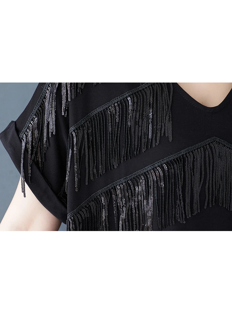 XITAO Tassel Patchwork V-neck Pullover Dress Solid Color Short Sleeve Pocket Side Split Temperament Slimming Women Dress ZMY1350
