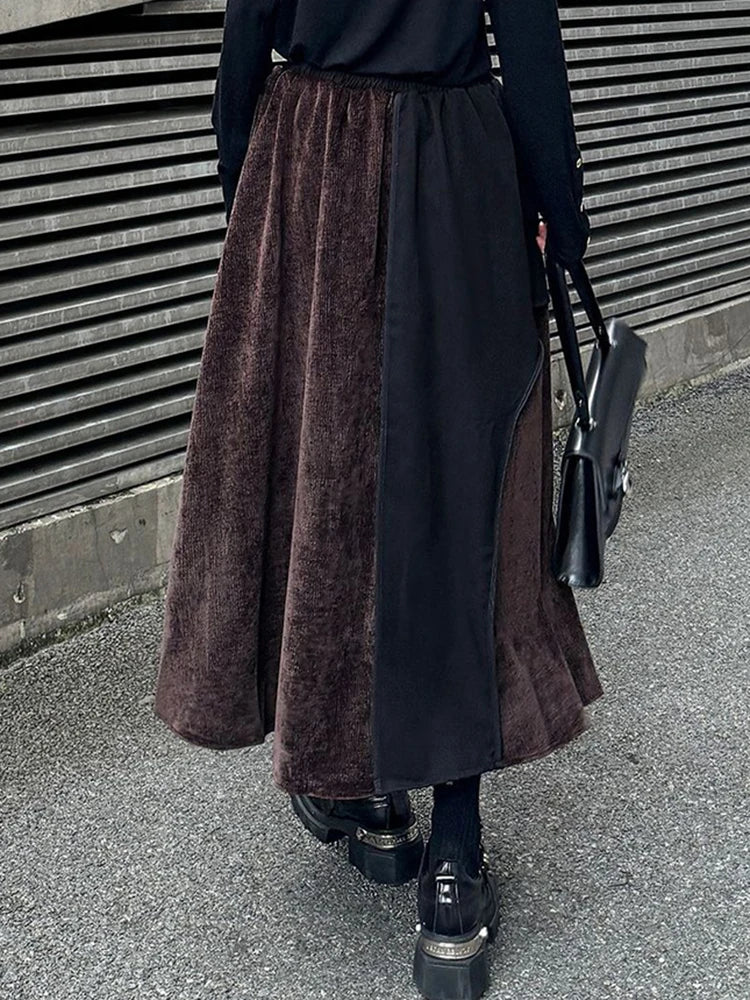 XITAO Autumn Loose Patchwork Skirt Casual Mid-calf Elastic Waist Temperament Autumn Women Simplicity A-line Skirt ZYY1014