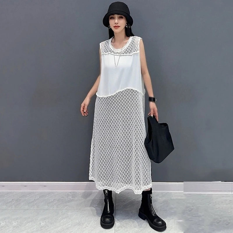 XITAO Hollow Out Patchwork Sleeveless Dress Casual Solid Color Simple A-line Fashion New Arrival Summer Women Dress ZMY1244