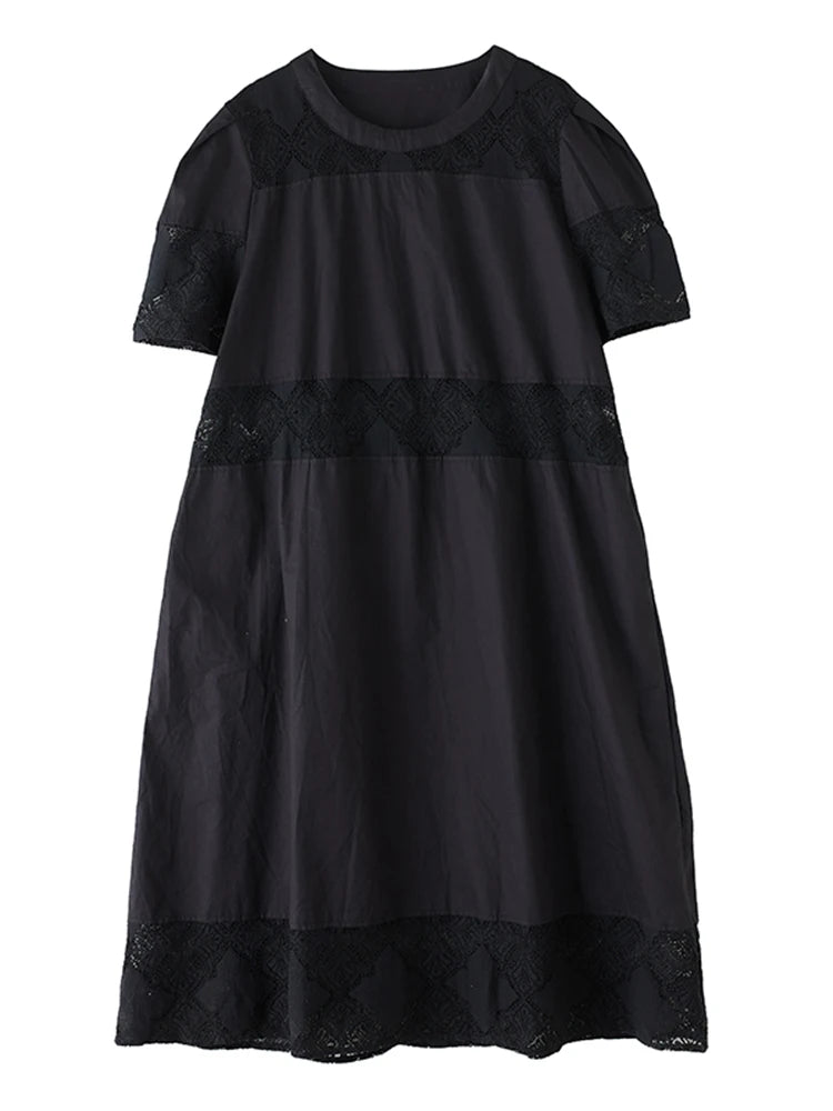 XITAO Hollow Out Patchwork Lace Dress Casual O-neck A-line Short Sleeve A-line New Arrival Fashion Summer Women Dress HQQ2472