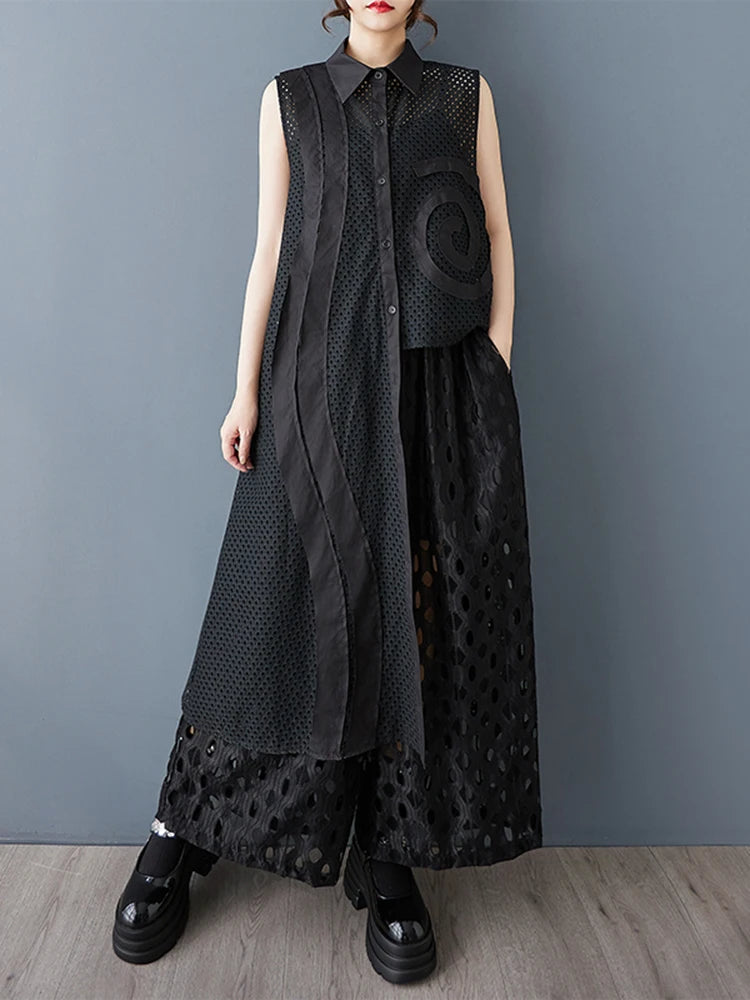 XITAO Mesh Patchwork Asymmetrical Perspective Dress Solid Color Turn-down Collar Single Breasted Sleeveless Casual Dress GYX1561