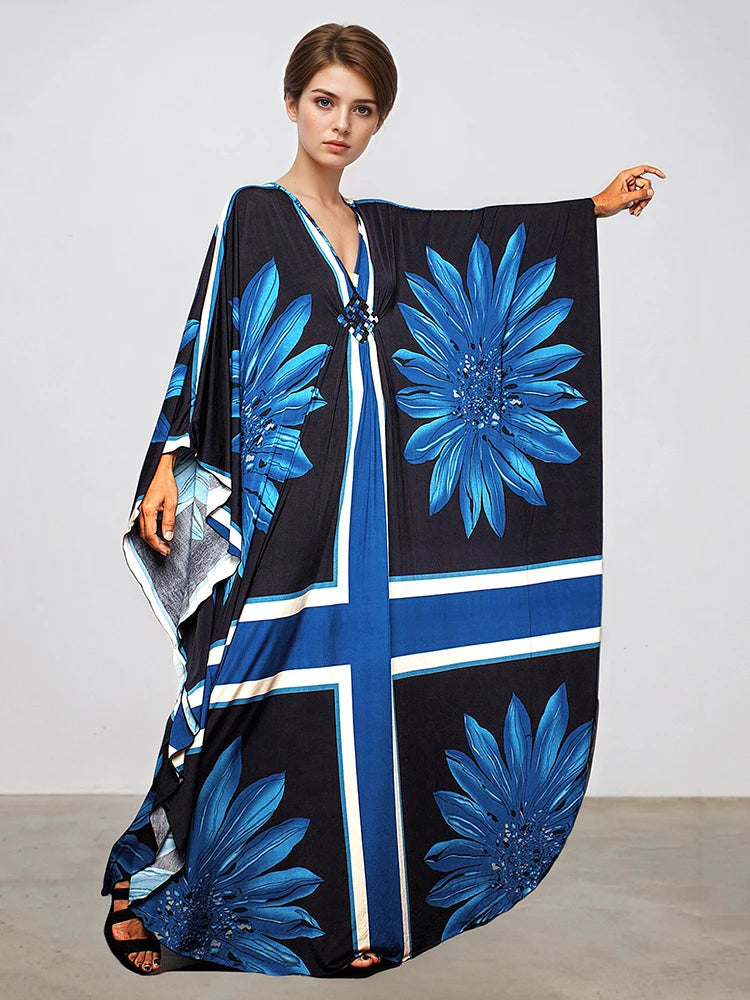 XITAO Print Contrast Color Dress Vintage Bat Wing Sleeve Flower V-neck Pullover Summer Woman Slimming Ankle-length Dress GJ1175