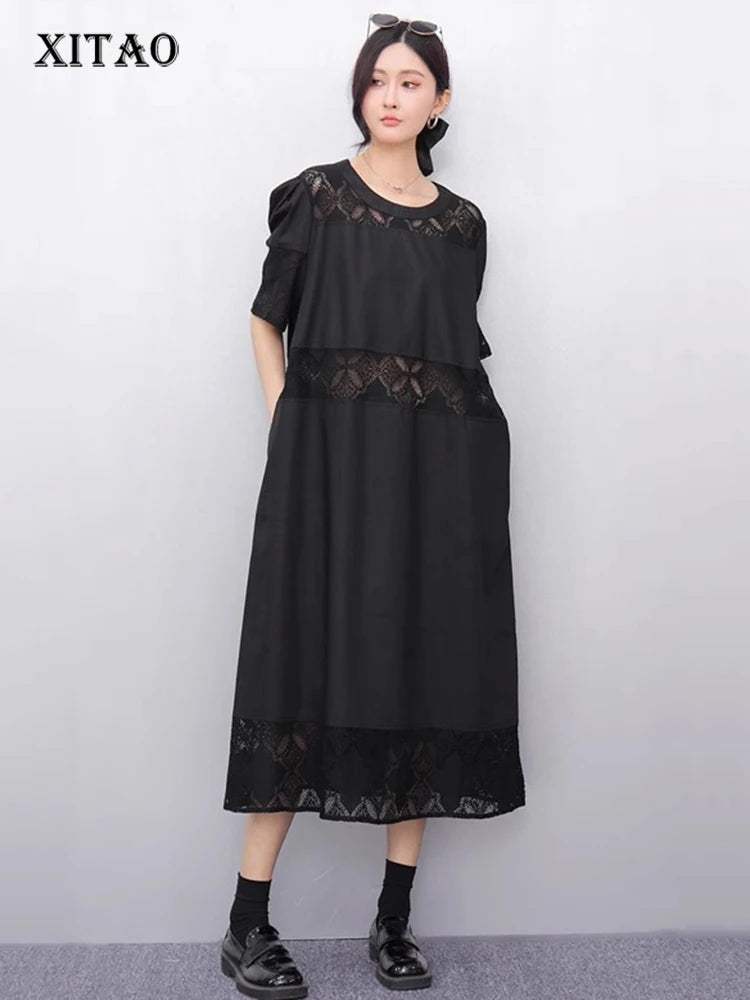 XITAO Hollow Out Patchwork Dress Loose Solid Color Elegant A-line Women Summer Temperament O-neck Short Sleeve Dress ZMY1155