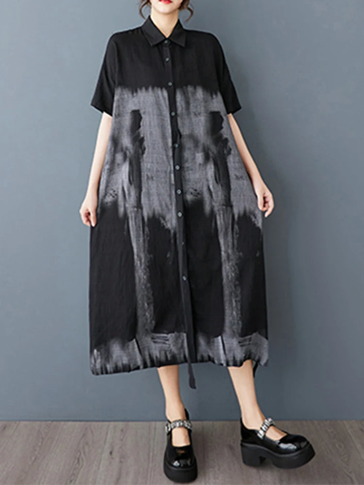 XITAO Print Patchwork Pocket Short Sleeve Dress Turn-down Collar Single Breasted Casual Mid-calf Loose Shirt Dress HQQ2465
