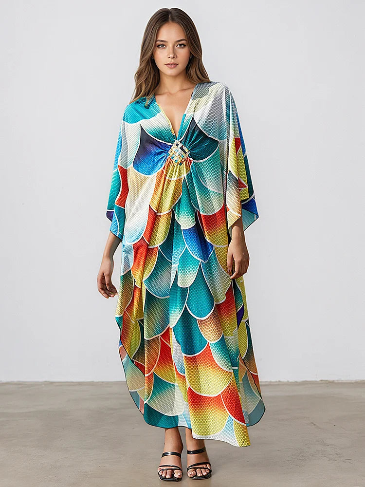 XITAO Side Slit Bat Wing Sleeve Dress Print V-neck Pullover A-line Personality Loose Summer Woman Ankle-length Dress GJ1192