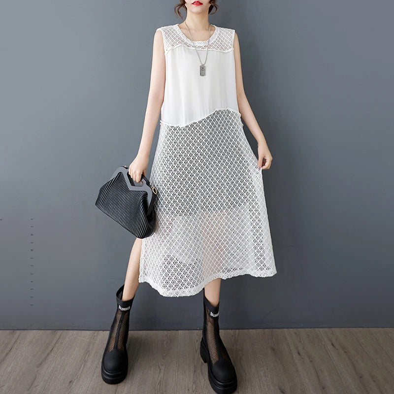 XITAO Sleeveless Irregular Dress Casual Hollow Out Mesh Patchwork Women Summer O-neck Korea Casual Pullover Dress ZMY1213