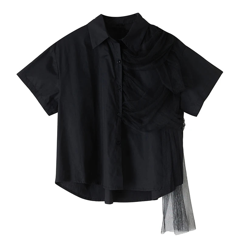 XITAO Patchwork Mesh Turn-down Collar Shirt Casual Solid Color Loose Fitting Vintage Slimming Summer Women Blouse GYX1536