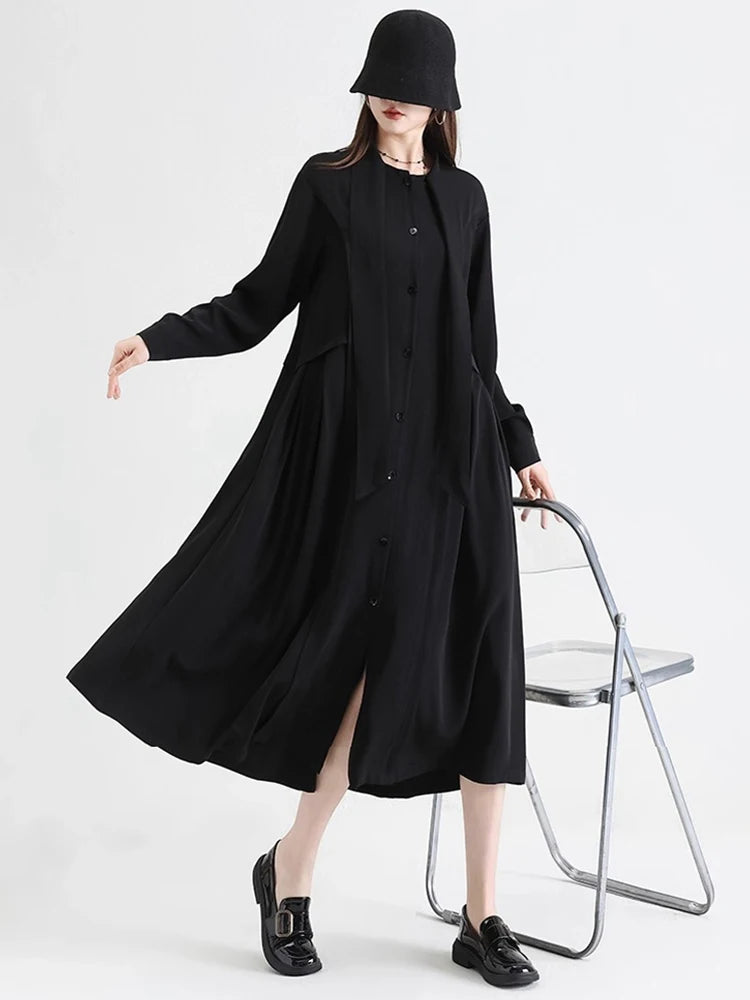 XITAO Bandage Patchwork Solid Color Folds Dress Long Sleeve Single Breasted Loose Slimming Temperament A-line Dress HQQ2502