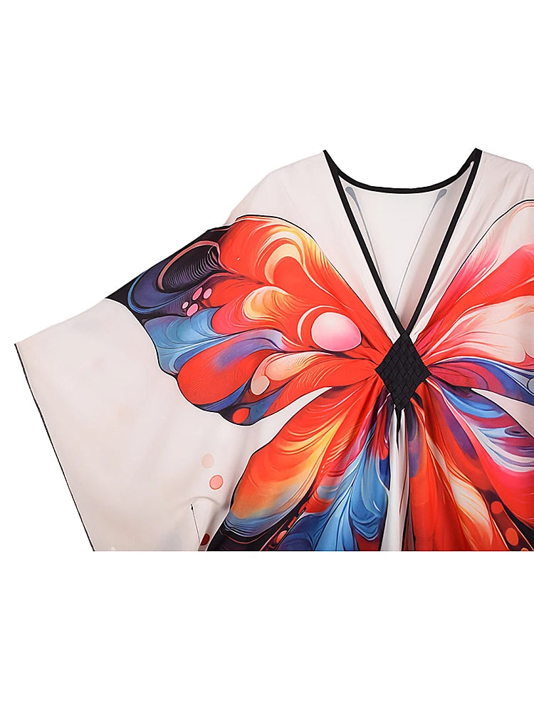 XITAO Female Side Slit Print Dress Butterfly A-line Pullover Bat Wing Sleeve V-neck Summer Woman Ankle-length Dress GJ1161