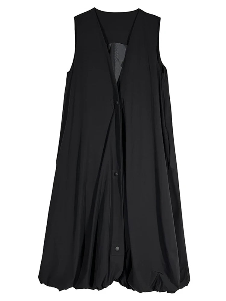 XITAO V-neck Single Breasted Dress Sleeveless Casual Solid Color A-line Leisure Fashion Elegant New Arrival Spring Dress HQQ2450