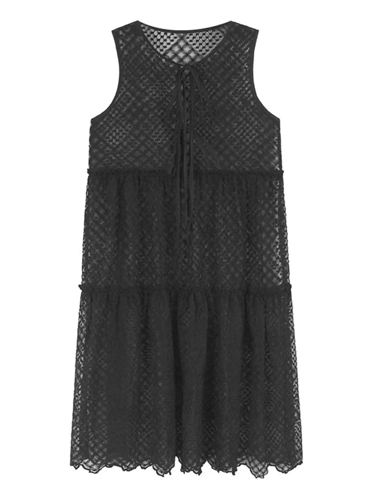 XITAO Hollow Out Laced Up O-neck Dress Solid Color Sleeveless A-line Fashion Match Slimming Sweet Summer Female Dress ZMY1333