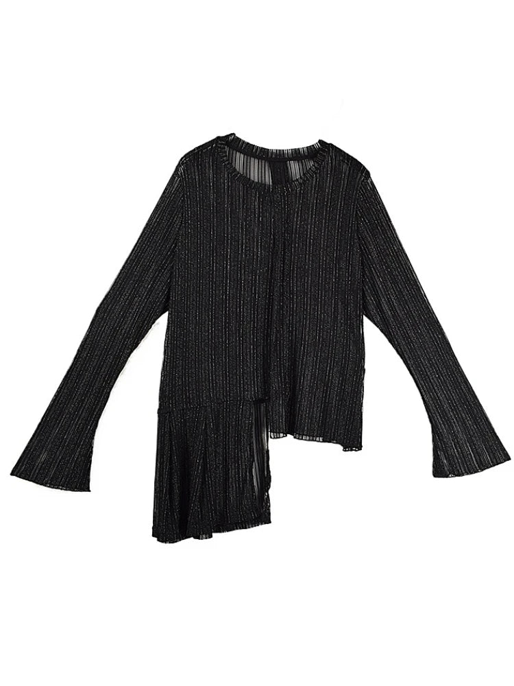 XITAO Gauze Patchwork Asymmetrical Perspective T-Shirts Solid Color Pullover O-neck Long Sleeve Slim Personality T-shirt ZMY1323