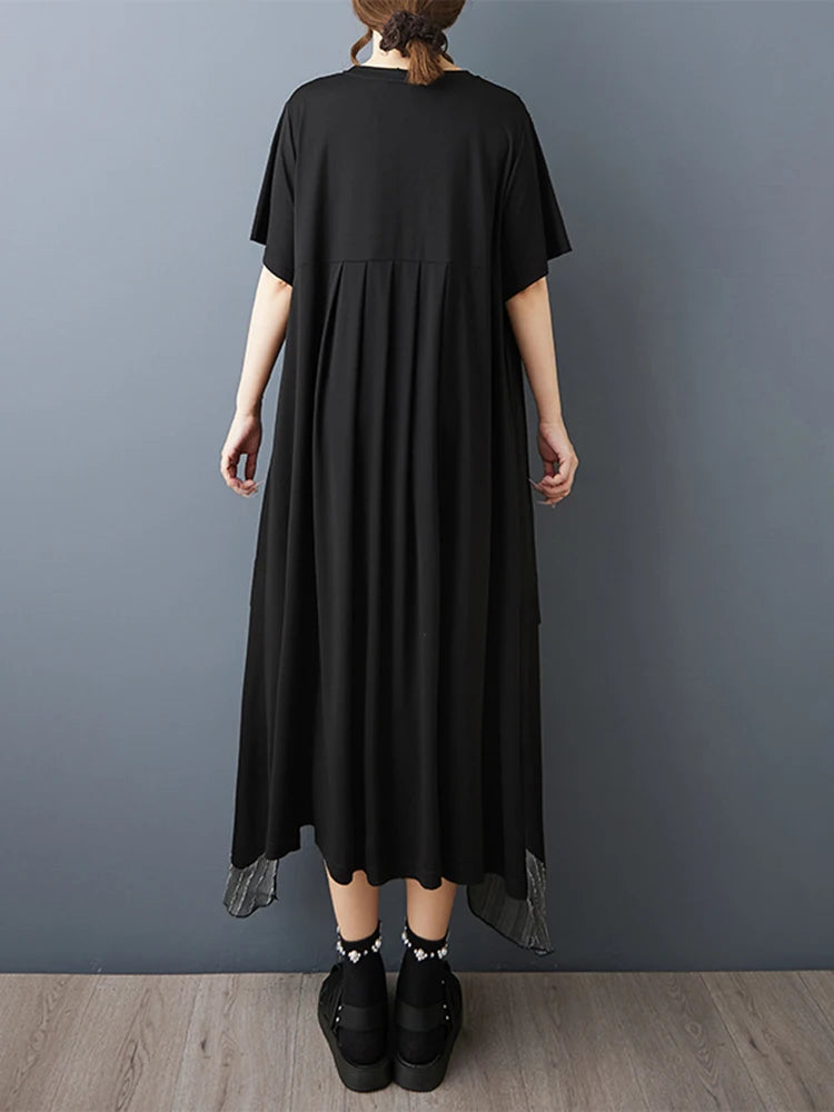 XITAO Patchwork Asymmetrical Black Dress Loose Casual Slimming Temperament O-neck Simple Short Sleeve Summer Woman Dress ZMY1385