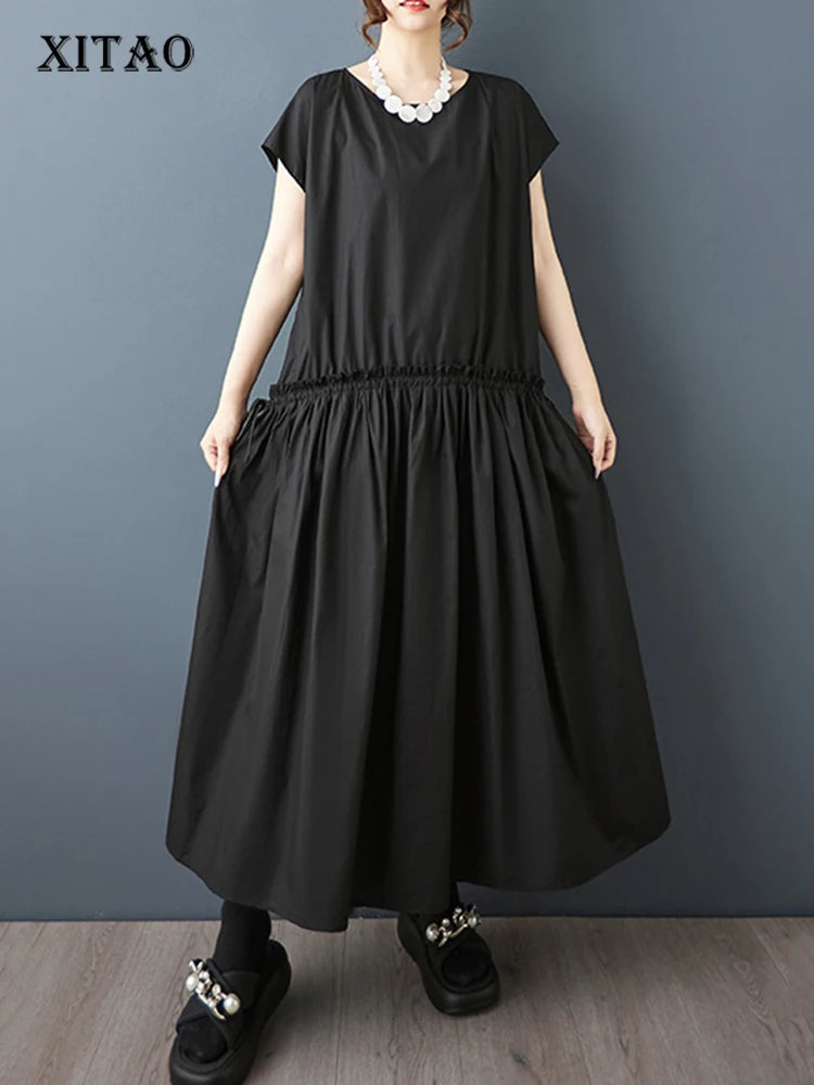 XITAO Pleated Drawstring Loose Dress Edible Tree Fungus Solid Color O-neck Casual Slimming All-match Summer Woman Dress ZMY1310