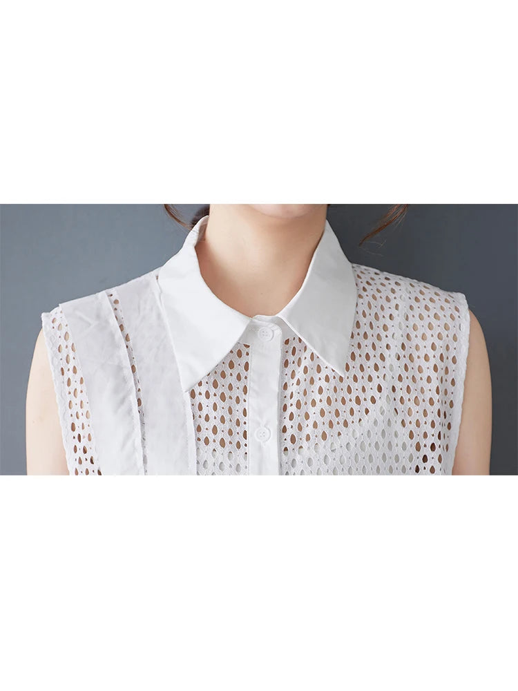 XITAO Mesh Patchwork Asymmetrical Perspective Dress Solid Color Turn-down Collar Single Breasted Sleeveless Casual Dress GYX1561