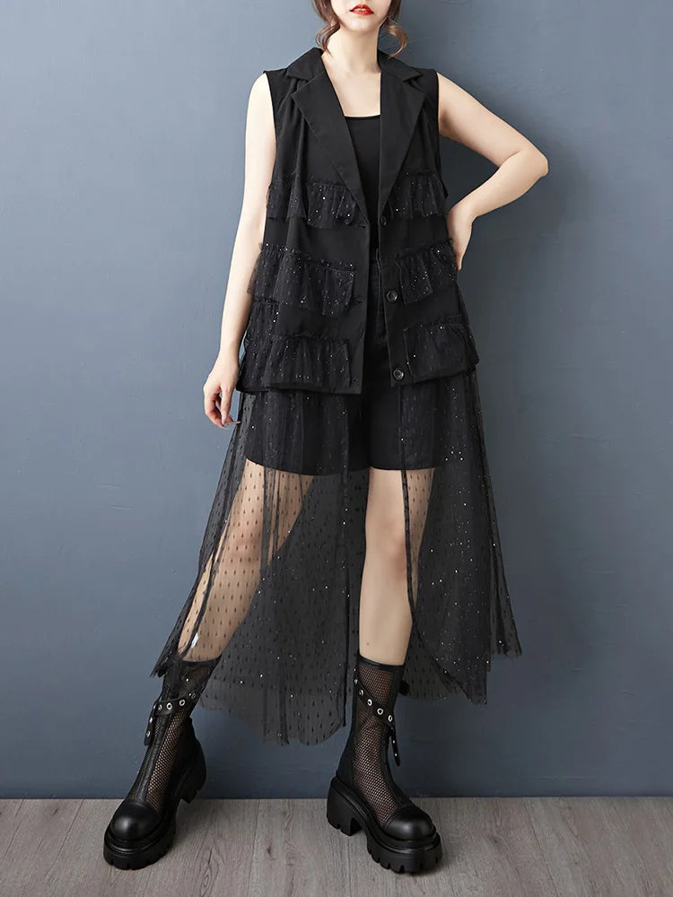XITAO Gauze Patchwork Sequin Dress Sleeveless V-neck Loose Casual Single Breasted Solid Color Mesh Summer Woman Dress ZMY1320