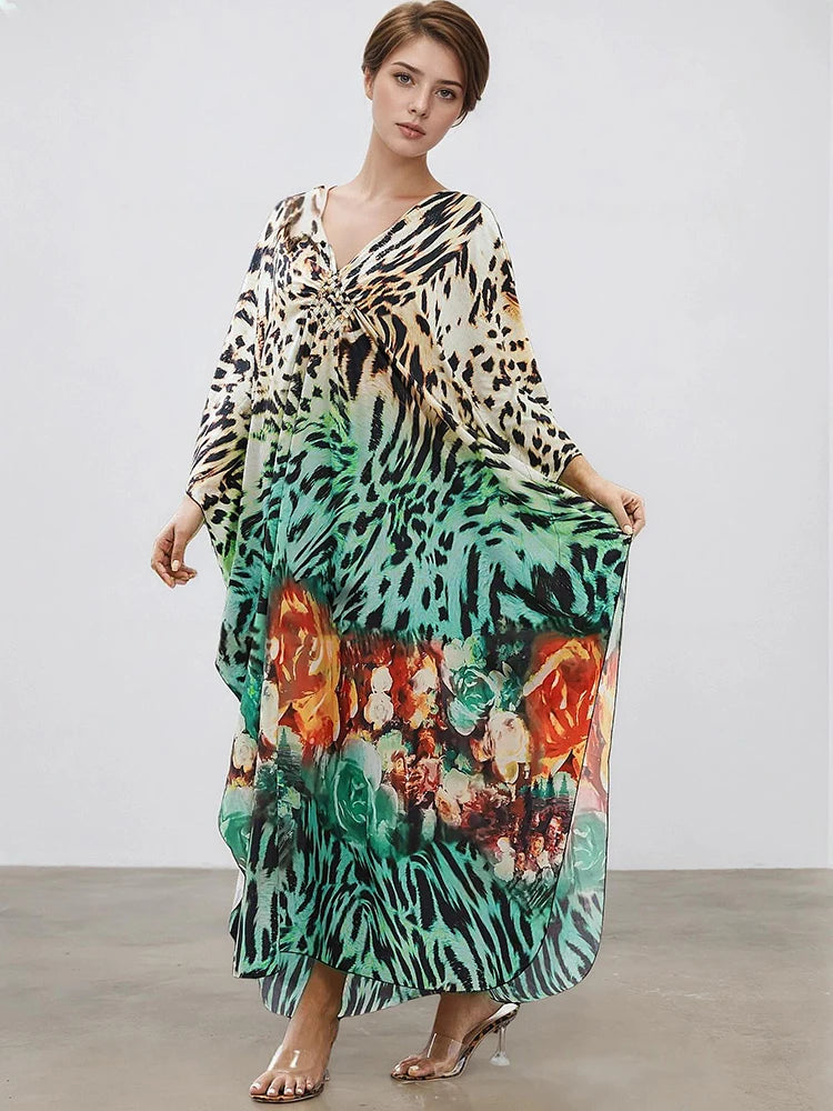 XITAO Leopard V-neck Vintage Dress Print Side Slit New Arrival Bat Wing Sleeve Loose Casual Pullover Summer Woman Dress GJ1179