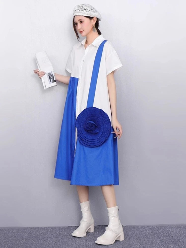 XITAO Three-dimensional Decoration Flower Dress Contrast Color Patchwork Turn-down Collar Loose Summer Woman Dress ZMY1397