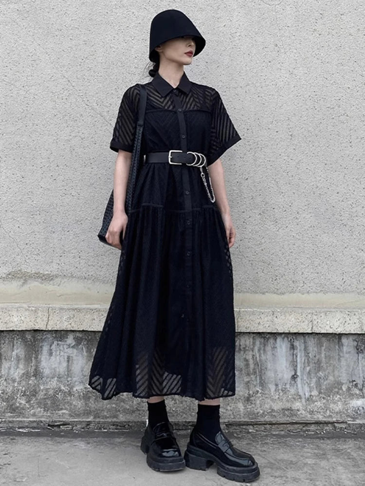 XITAO Patchwork Hollow Out Female Two Piece Dress Turn-down Collar A-line Casual Short Sleeve Simple Summer Woman Dress ZMY1259