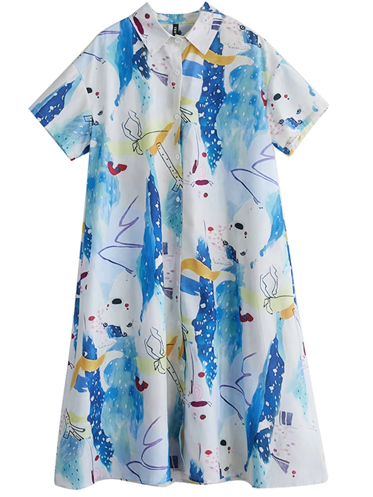 XITAO Print Single Breasted Turn-down Collar Dress Casual Loose Fitting A-line Short Sleeve Slimming Summer Women Dress ZMY1135