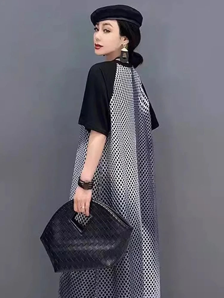 XITAO Hollow Out Patchwork Mesh Grid Dress O-neck Casual Short Sleeve Loose Temperament Pullover Summer Woman Dress ZMY1280