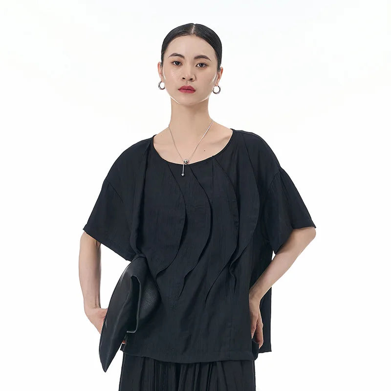 XITAO Irregular T-shirt Three-dimensional Flouncing Patchwork Decorate Solid Color Top 2024 Summer Loose New Women HQQ2334