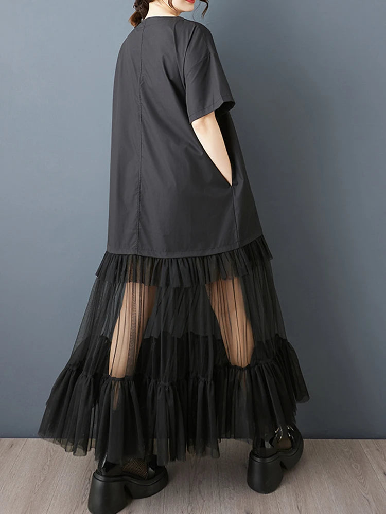 XITAO Patchwork Gauze Pleated Female Dress Loose O-neck Casual Short Sleeve Simple Slimming All-match Summer Woman Dress ZMY1287