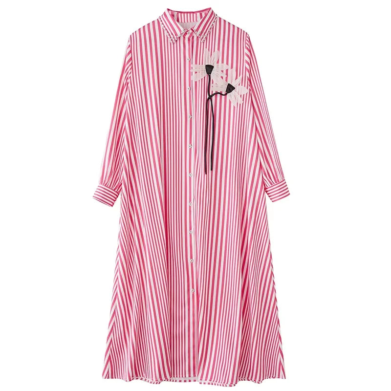 XITAO Stripe Single Breasted Flower Dress Casual Full Sleeve Turn-down Collar Loose Fitting Leisure Spring Female Dress GYX1524