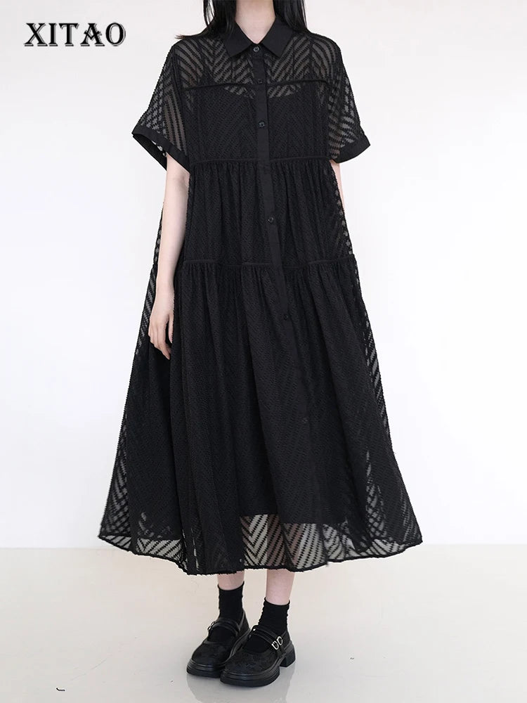 XITAO Loose Solid Color Hollow Out Dress Single Breasted Short Sleeve All-match New Arrival Temperament Woman Dress ZMY1261