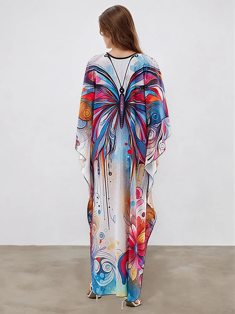 XITAO V-neck Ankle-length Dress New Arrival Contrast Color Butterfly Print Side Slit Bat Wing Sleeve Summer Woman Dress GJ1169