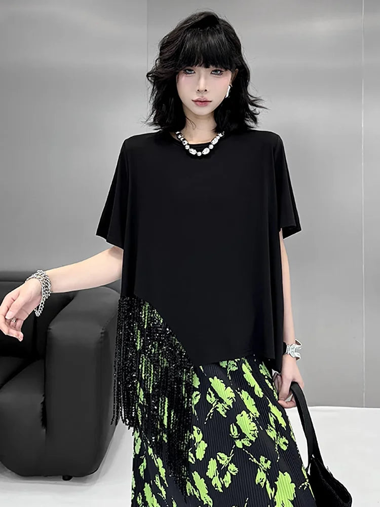 XITAO Tassel Patchwork Asymmetrical T-Shirts Solid Color O-neck Short Sleeve Pullover Fashion All Match Temperament Top ZMY1177