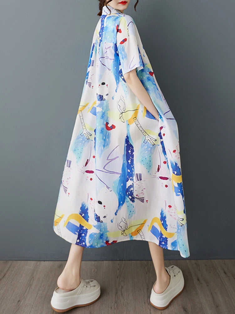 XITAO Print Single Breasted Turn-down Collar Dress Casual Loose Fitting A-line Short Sleeve Slimming Summer Women Dress ZMY1135