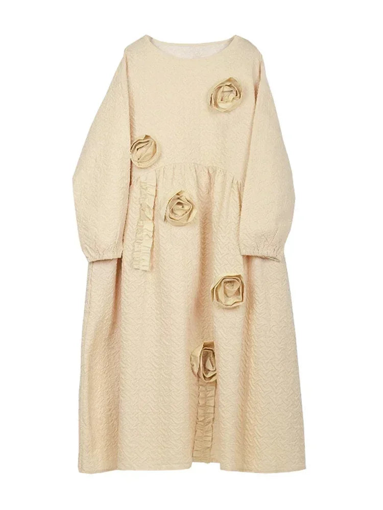 XITAO Autumn New Korea Dress 2024 Fashion Loose Long Solid Color Three-dimensional Flower Decoration Casual Women WMD3784