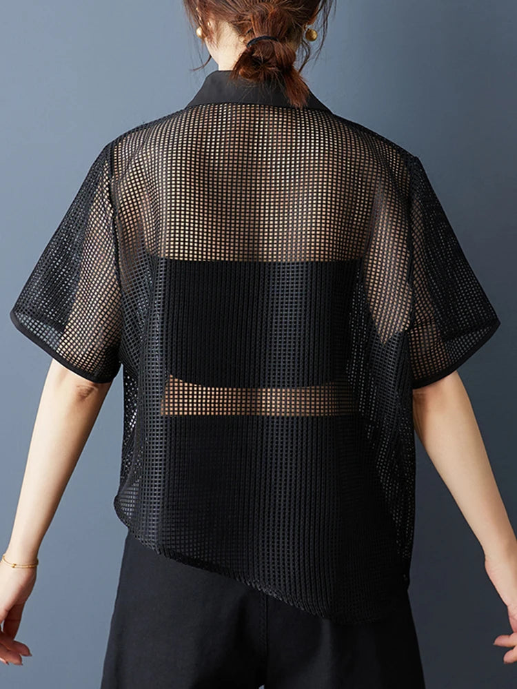 XITAO Hollow Out Irregular Women Blouse Short Sleeve Casual Loose Turn-down Collar Solid Color Summer Female Shirts ZMY1222