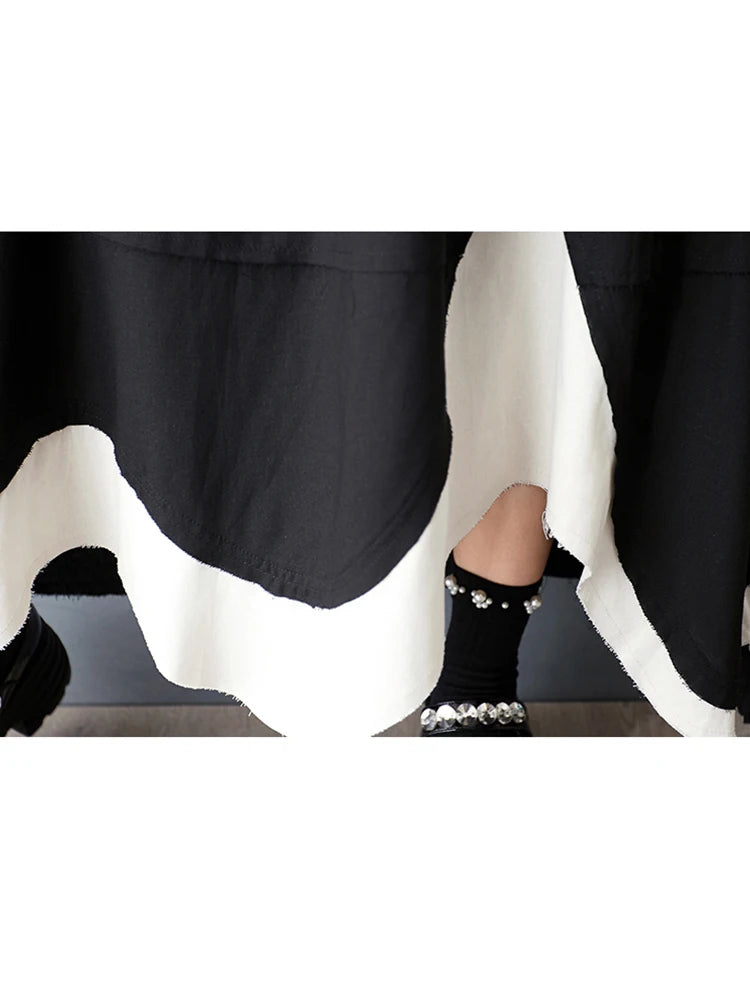 XITAO Asymmetric Patchwork Contrast Color Skirt Casual A-line Elastic Waist Fashion Mid-calf Goth Spring Women Skirt GYX1571