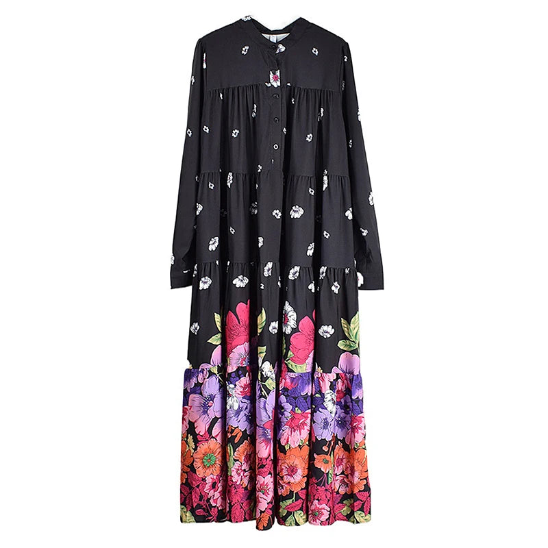 XITAO Vintage Print Dress Contrast Color Fold Patchwork Women Summer New Loose Fashion Stand Collar Simplicity Dress WMD3398