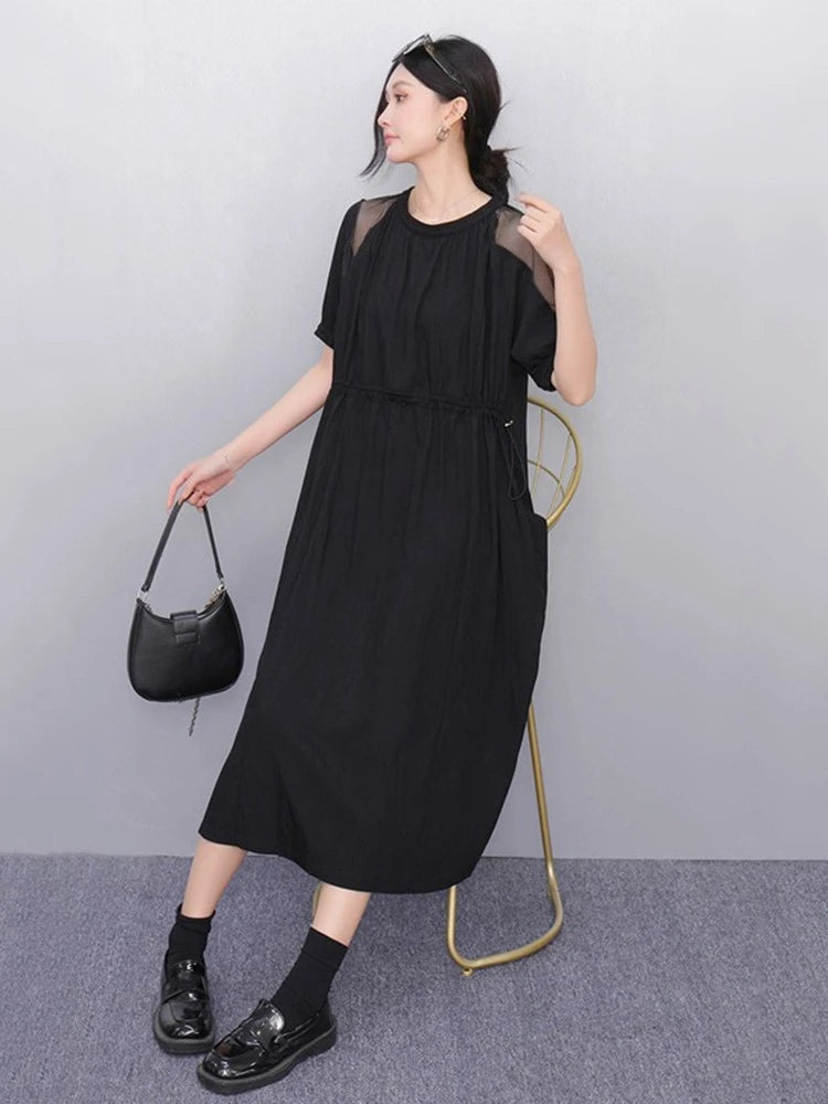 XITAO Gauze Patchwork Draw String Dress O-neck Short Sleeve Solid Color Simple Loose Slimming Summer Woman Dress ZMY1240