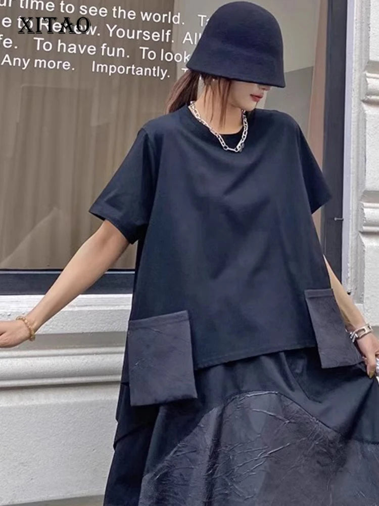 XITAO Pocket O-neck Half Sleeve T-shirt Casual Loose Fitting Leisure Contrast Color Fashion Simple Spring Women T-shirt GYX1568