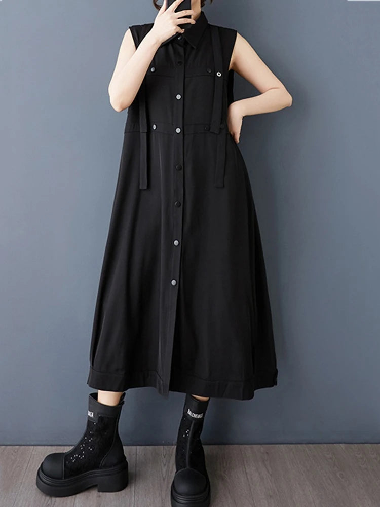XITAO Single Breasted Sleeveless Dress Turn-down Collar Casual New Arrival Button Ribbon New Arrival Summer Women Dress ZMY1046