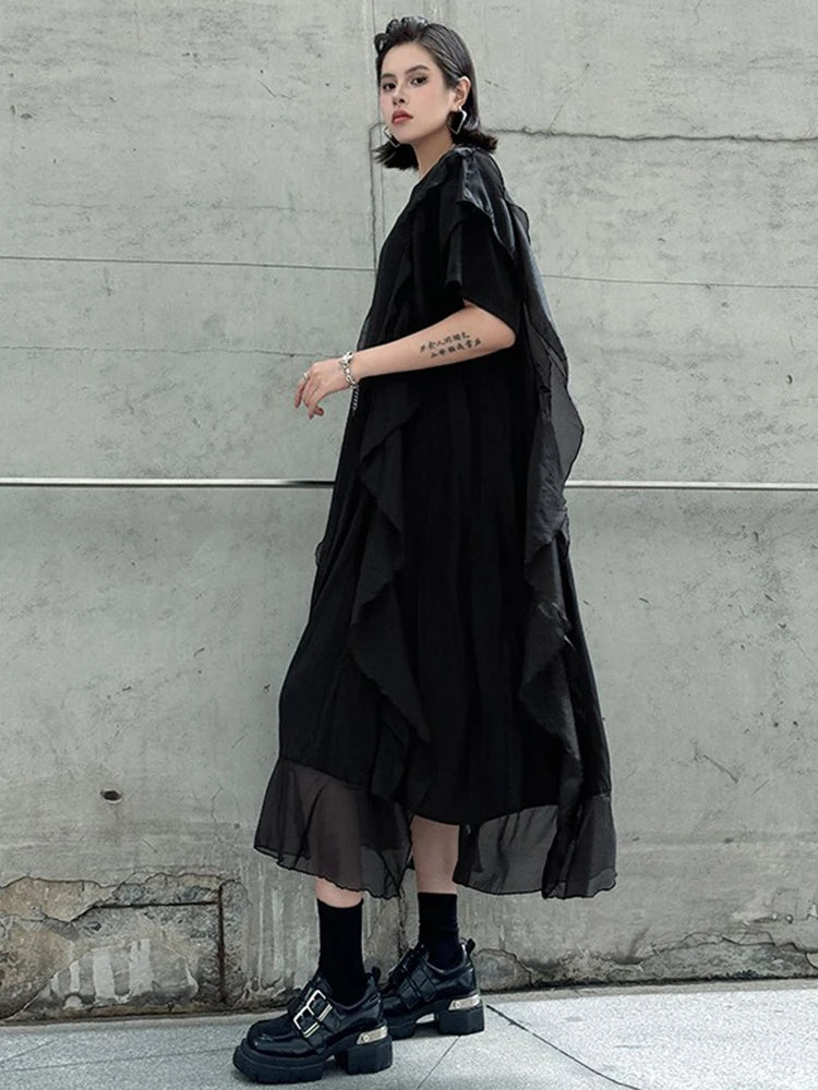 XITAO Irregular Patchwork Ruffles Mesh Dress Solid Color O-neck Loose Casual Temperament Personality Summer Woman Dress ZMY1270