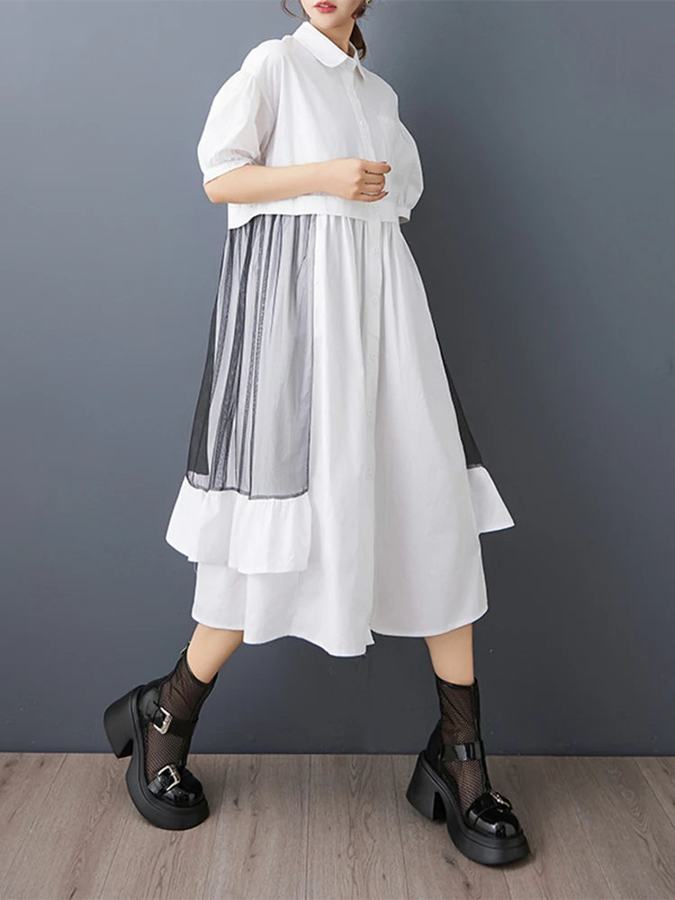 XITAO Patchwork Gauze Irregular Female Dress Turn-down Collar Single Breasted Loose Ruffles Summer Woman Shirt Dress ZMY1229