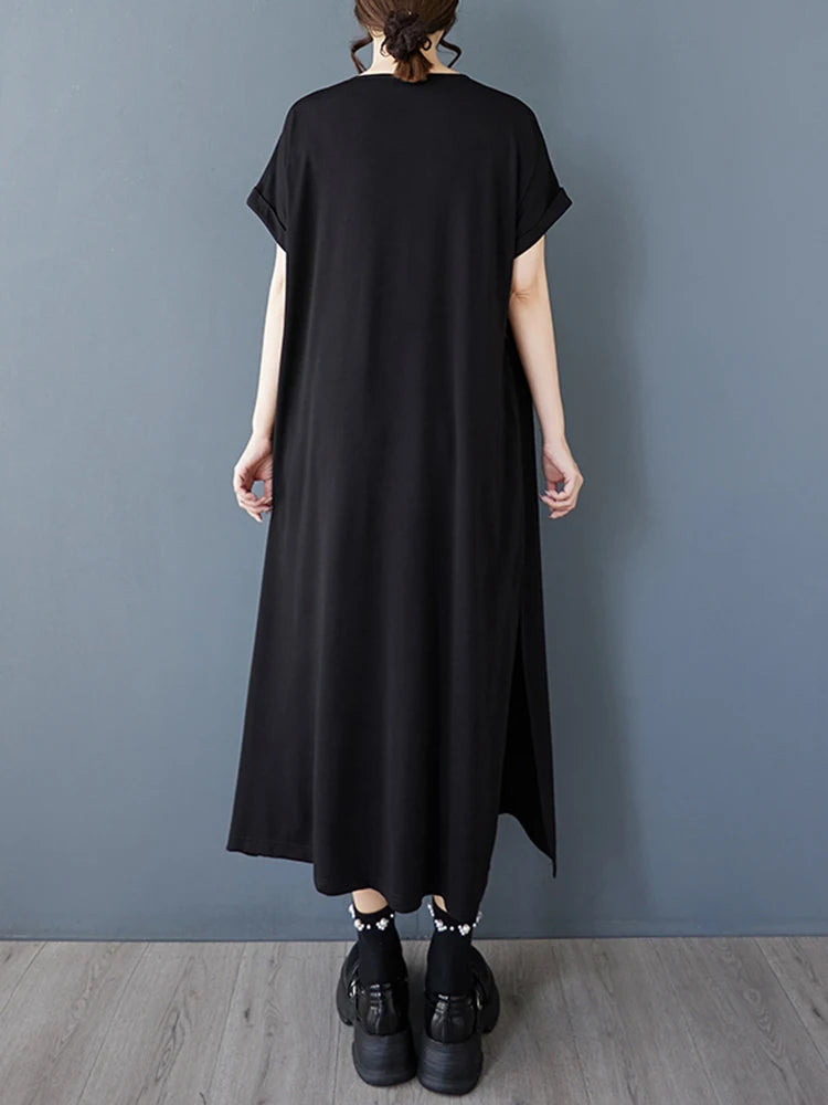 XITAO Tassel Patchwork V-neck Pullover Dress Solid Color Short Sleeve Pocket Side Split Temperament Slimming Women Dress ZMY1350