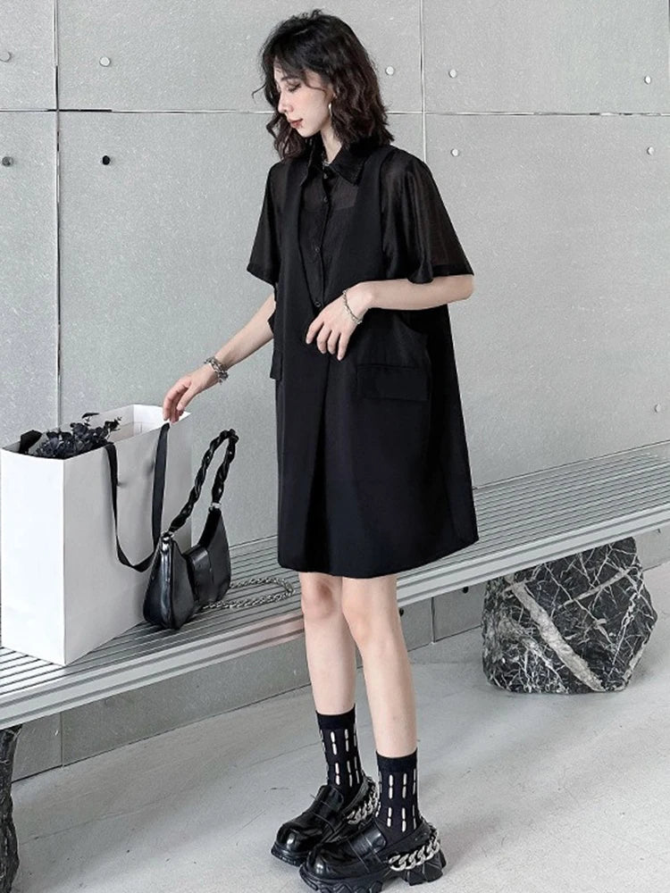 XITAO Patchwork Single Breasted Fake Two Pieces Dress Women Short Sleeve Pullover Solid Color Temperament Casual Dress ZMY1308