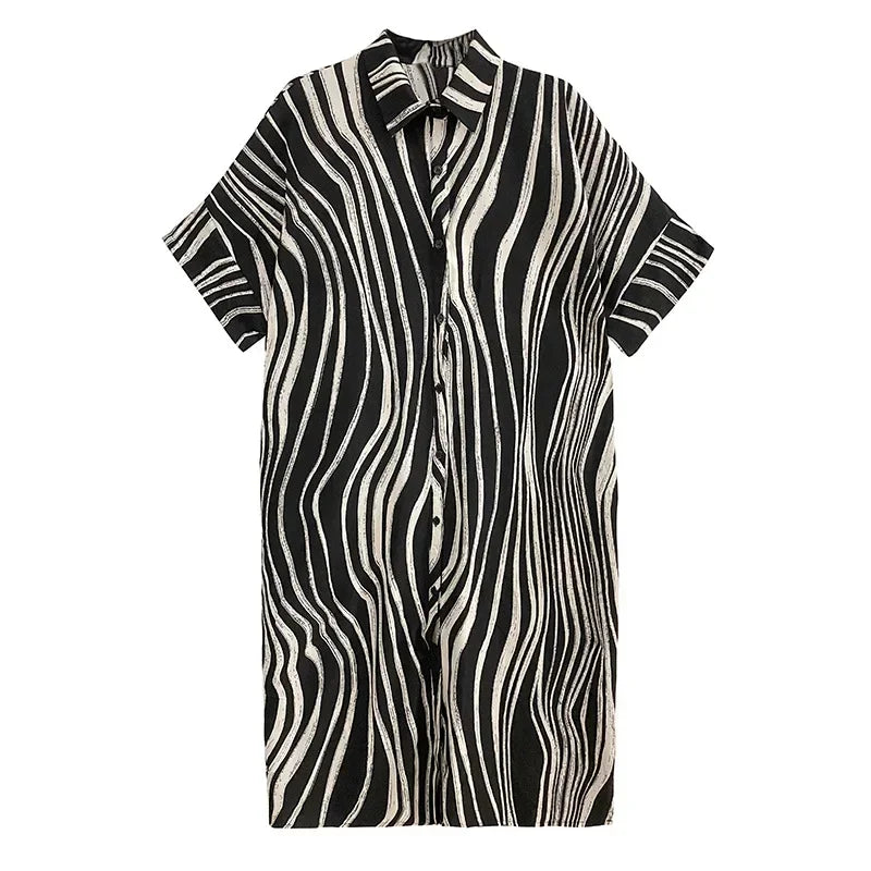 XITAO Striped Patchwork Single Breasted Dress Turn-down Collar Loose 2024 Summer New Arrival Casual Fashion All Match SMH1508