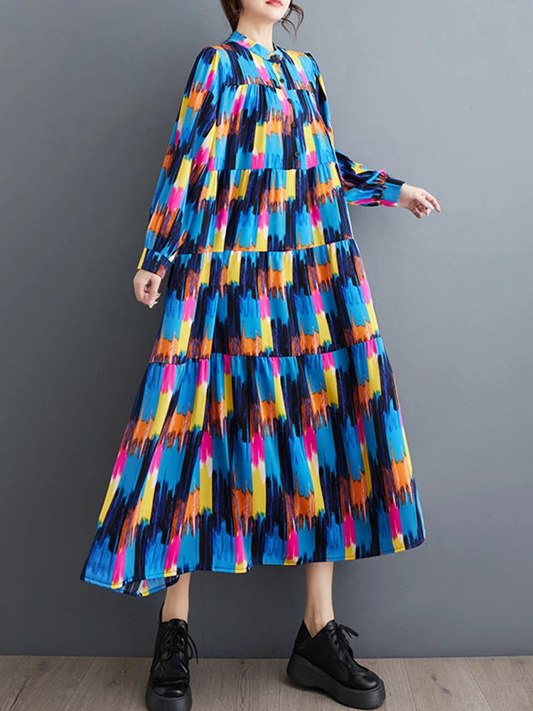 XITAO Vintage Loose Print Dress Casual All-match Contrast Color Women Spring New Trend Long Sleeve Stand Collar Dress DMJ4069