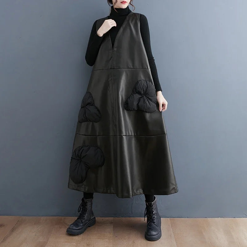 XITAO Three-dimensional Decoration V-neck Dress Solid Color Patchwork Pullover Sleeveless Loose 2024 Spring New Casual Dmj2310